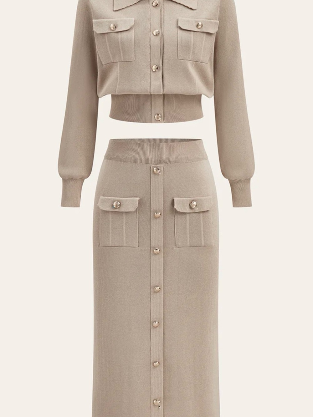 Khaki Metal Button Collared Cardigan and Skirt Set Medium